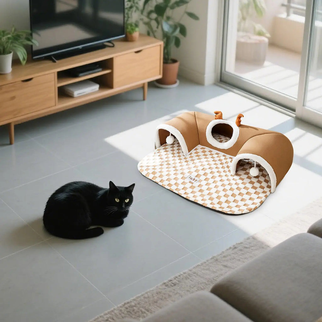 Kitten Play Tunnel Bed with Checkerboard Mat