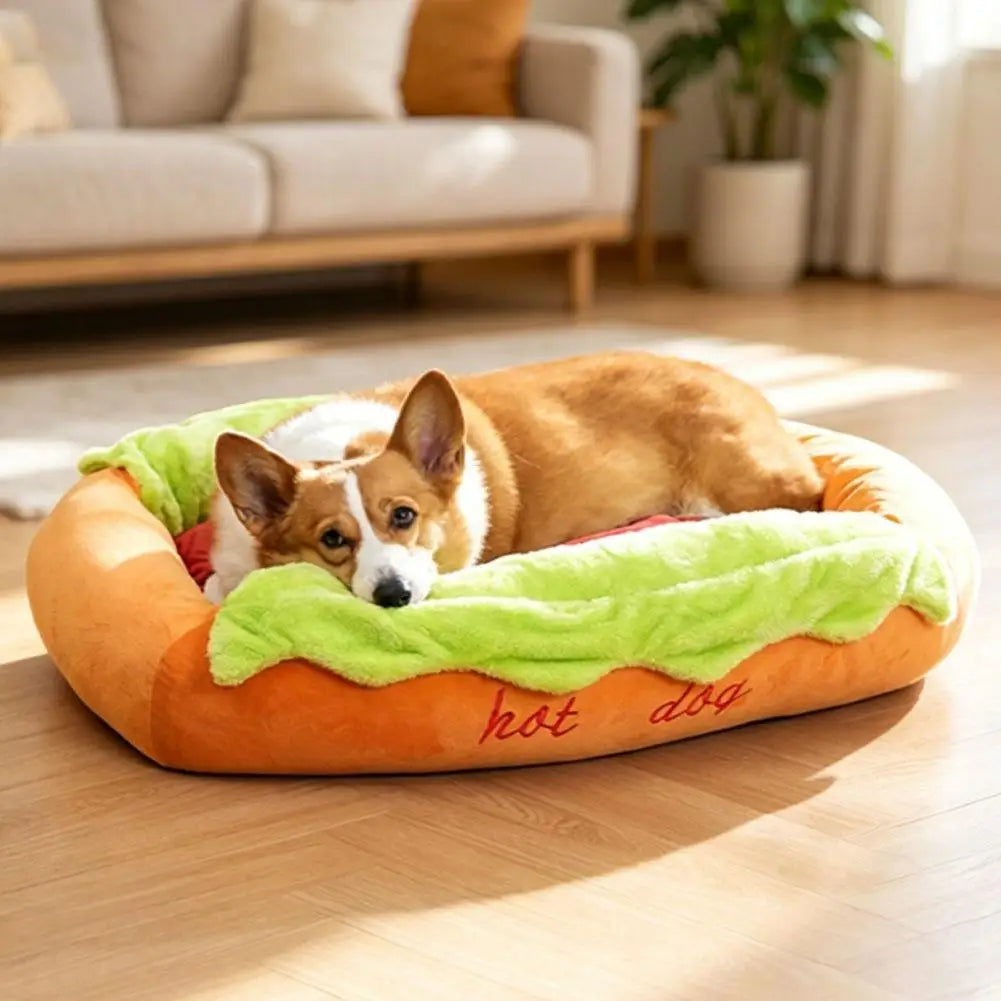 Hot Dog-Shaped Plush Bed for Small Dogs & Cats
