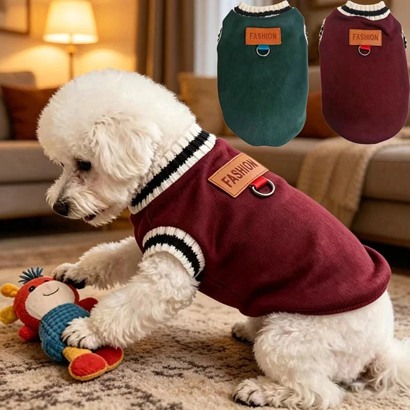 Striped-Trim Pet Sweater Vest with Back Patch