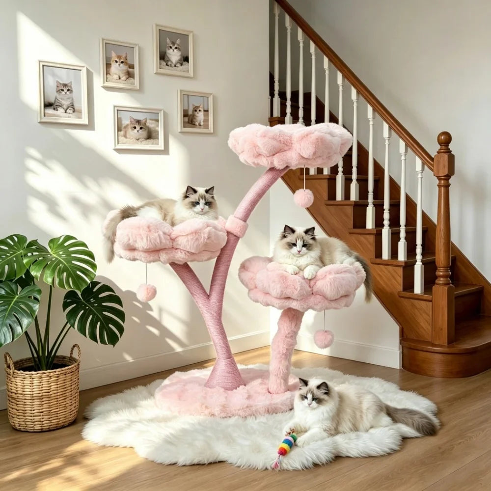 Plush Flower Cat Tree with Scratching Areas