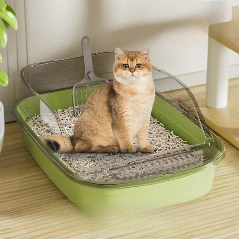 Open-Top Cat Litter Tray with Translucent Splash Guard