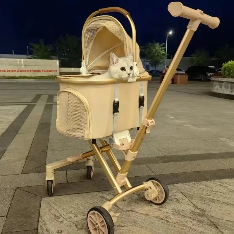 Khaki Compact Pet Stroller with Gold-Tone Frame