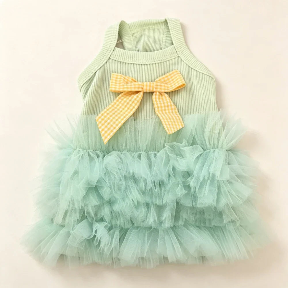 Mint Ruffle Pet Dress with Yellow Gingham Bow