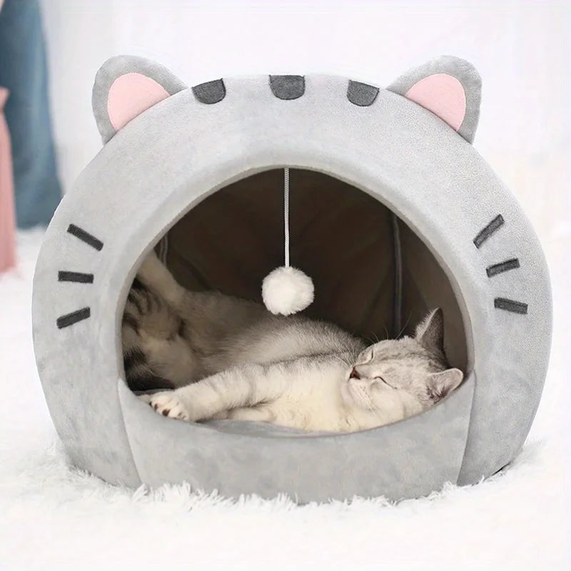Gray Cat-Face Plush Cave Bed with Pom-Pom