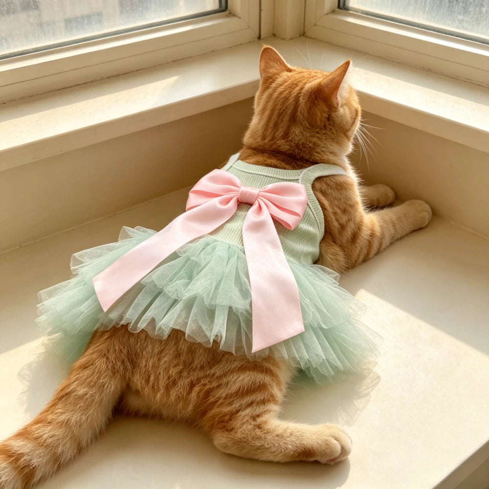 Mint Green Pet Tutu Dress with Pink Bow