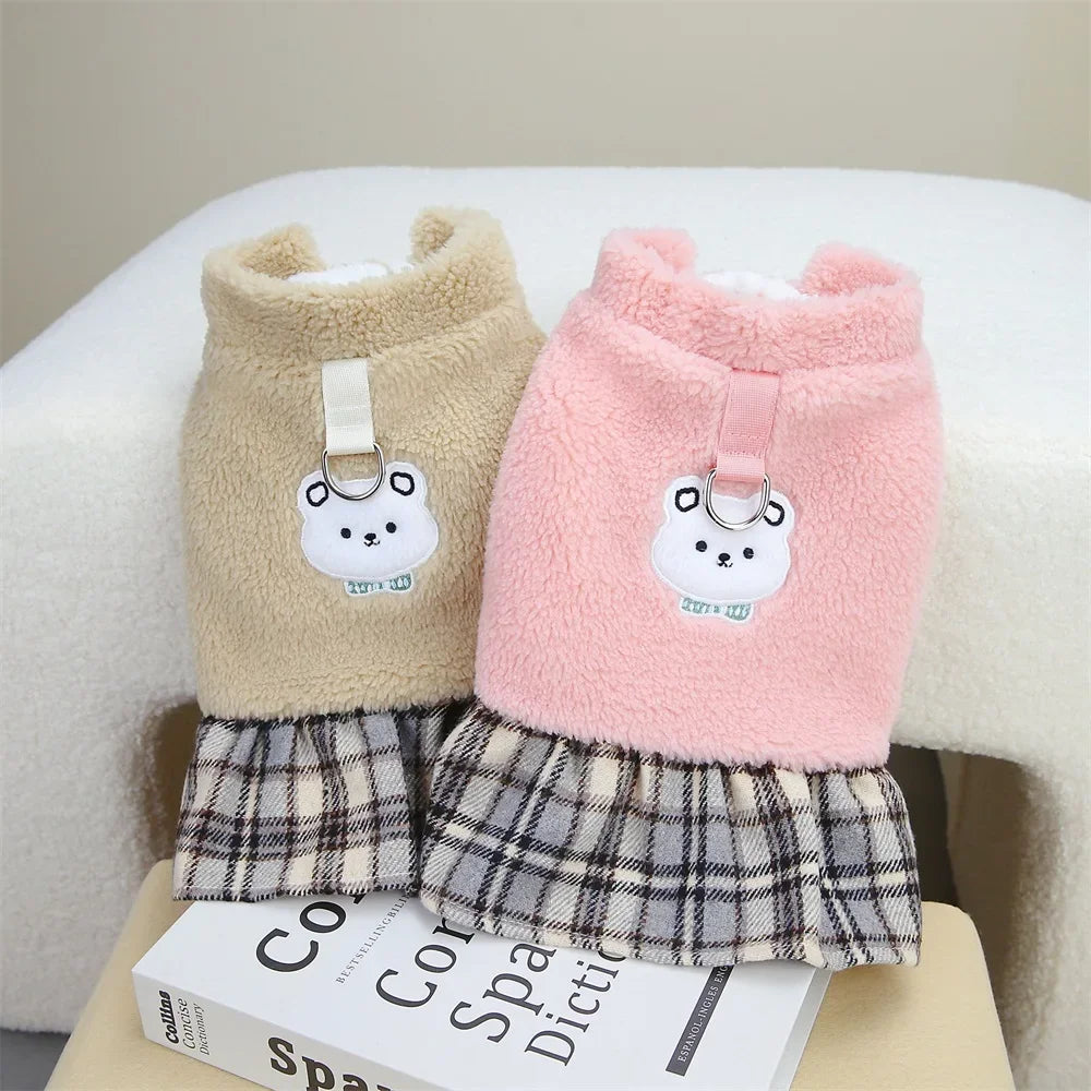 Plaid-Skirt Pet Dress with Decorative Back Patch