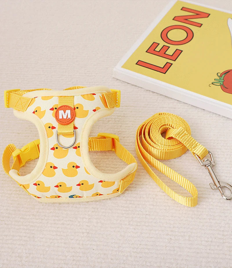 Yellow Duck-Print Pet Harness with Plush Duck Detail