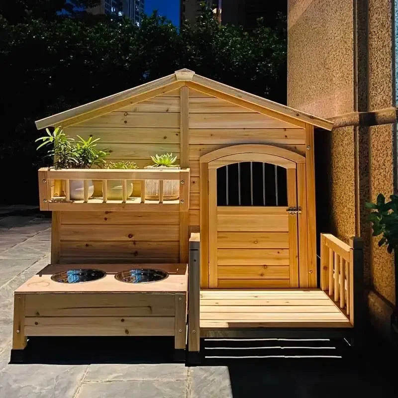 Wooden Dog House with Porch, Feeding Station & Side Storage