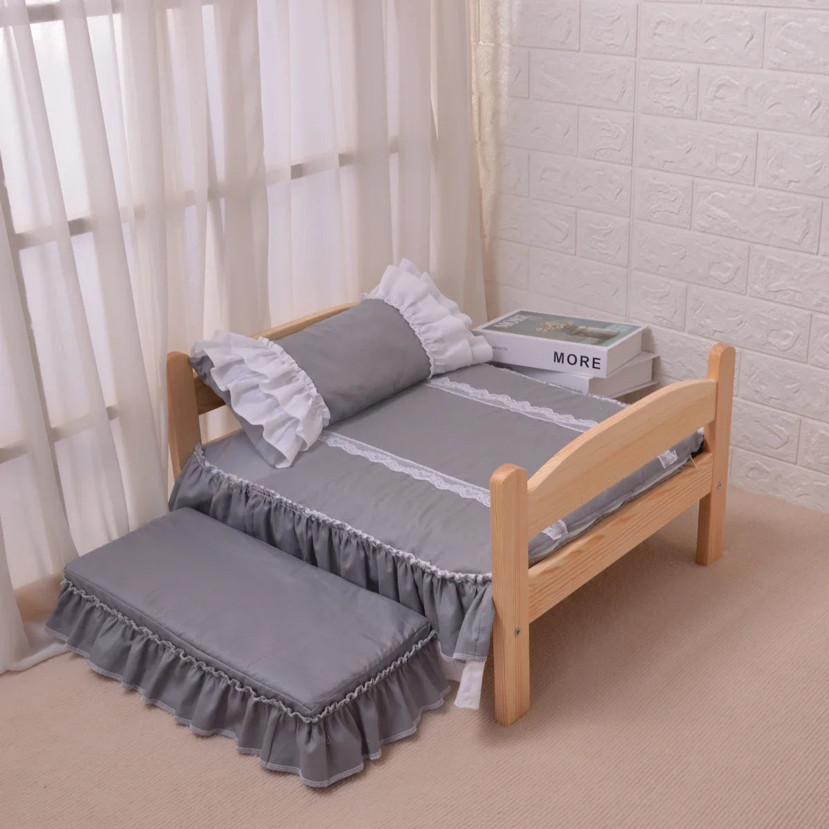 Cottage-Style Wooden Pet Bed with Ruffled Bedding