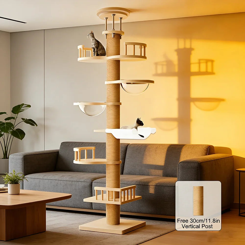 Floor-to-Ceiling Cat Tree with Clear Bowls & Hammock