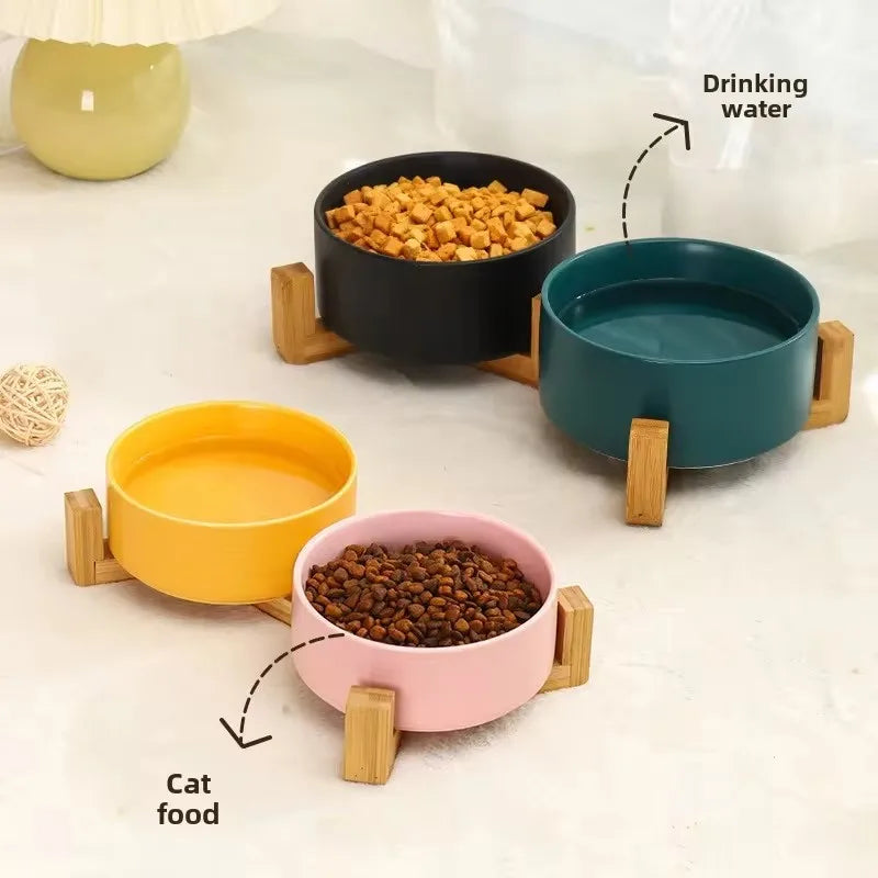 Ceramic Pet Bowl & Wooden Holder in Two Sizes