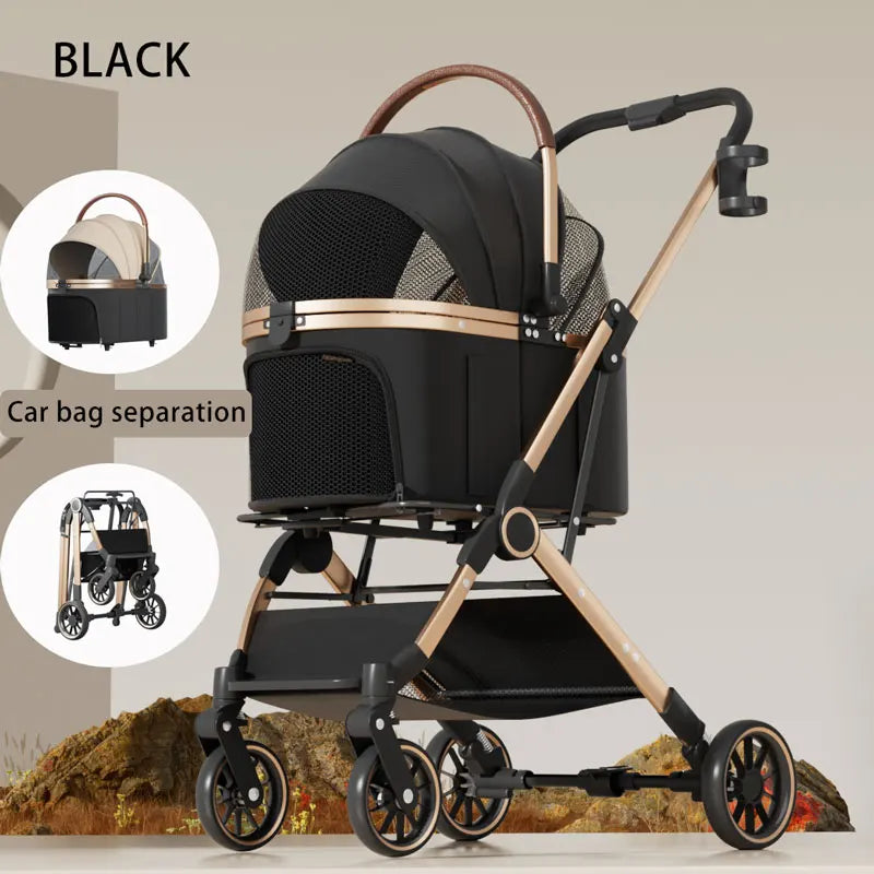 Gold-Tone Frame Pet Stroller with Detachable Basket