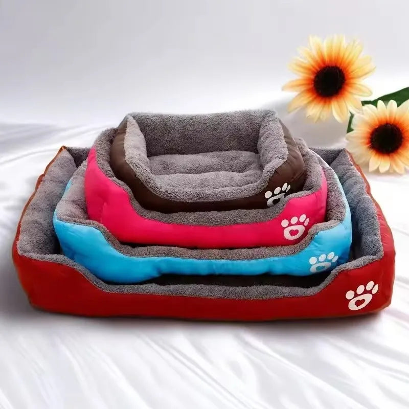 Plush-Lined Rectangular Pet Bed with Paw Detail