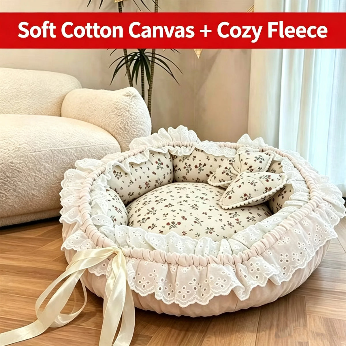 Floral Lace-Trim Pet Bed with Bow Detail