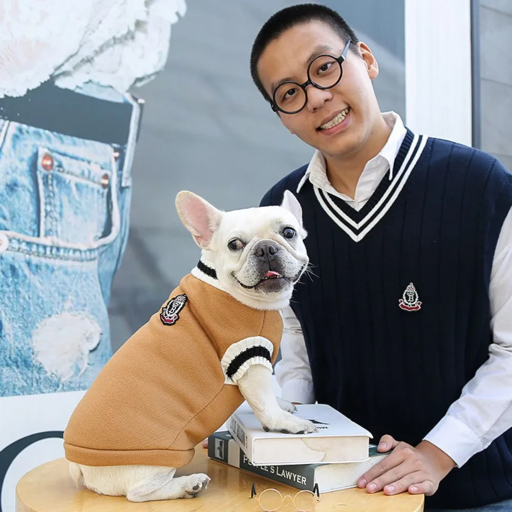 Varsity-Style V-Neck Pet Sweater