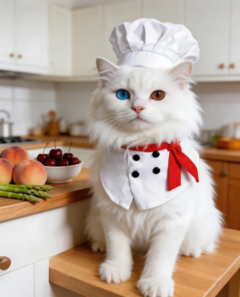 Chef Costume for Cats & Dogs with Red Scarf Detail