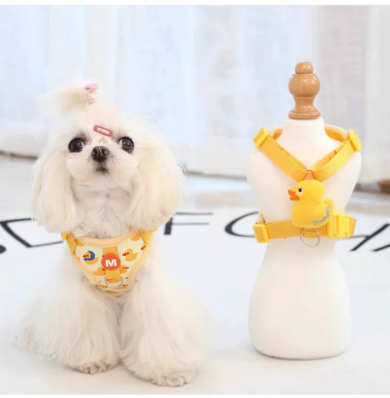 Yellow Duck-Print Pet Harness with Plush Duck Detail