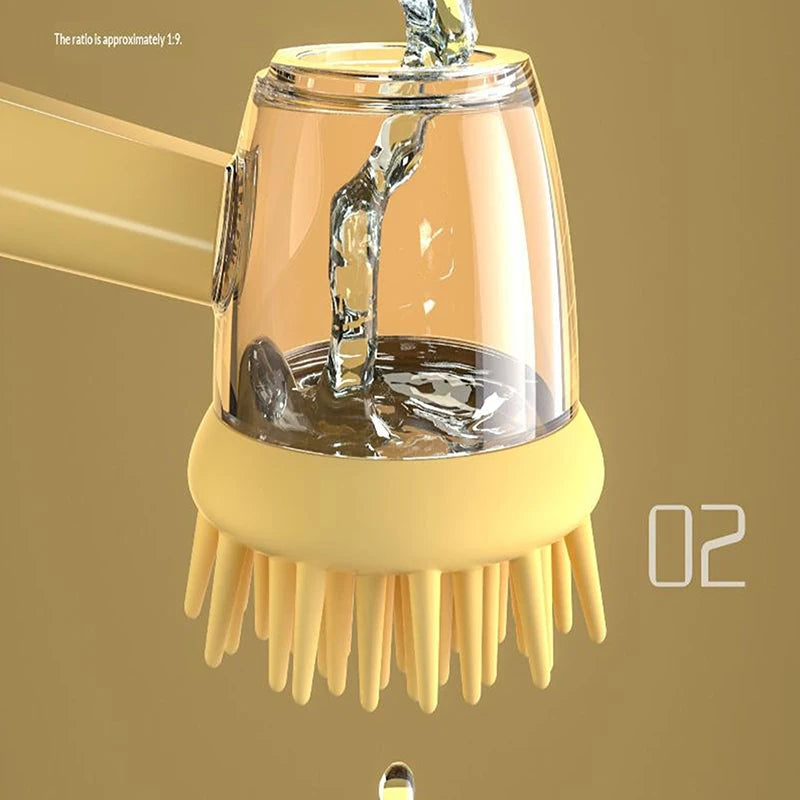 Pet Bath Brush with Refillable Shampoo Dispenser & Long Handle