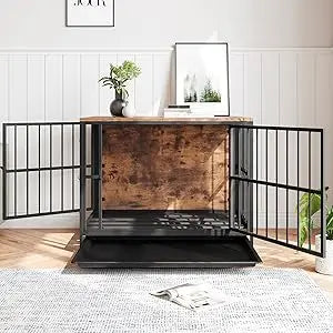 Furniture-Style Dog Crate Side Table with Double Doors & Tray