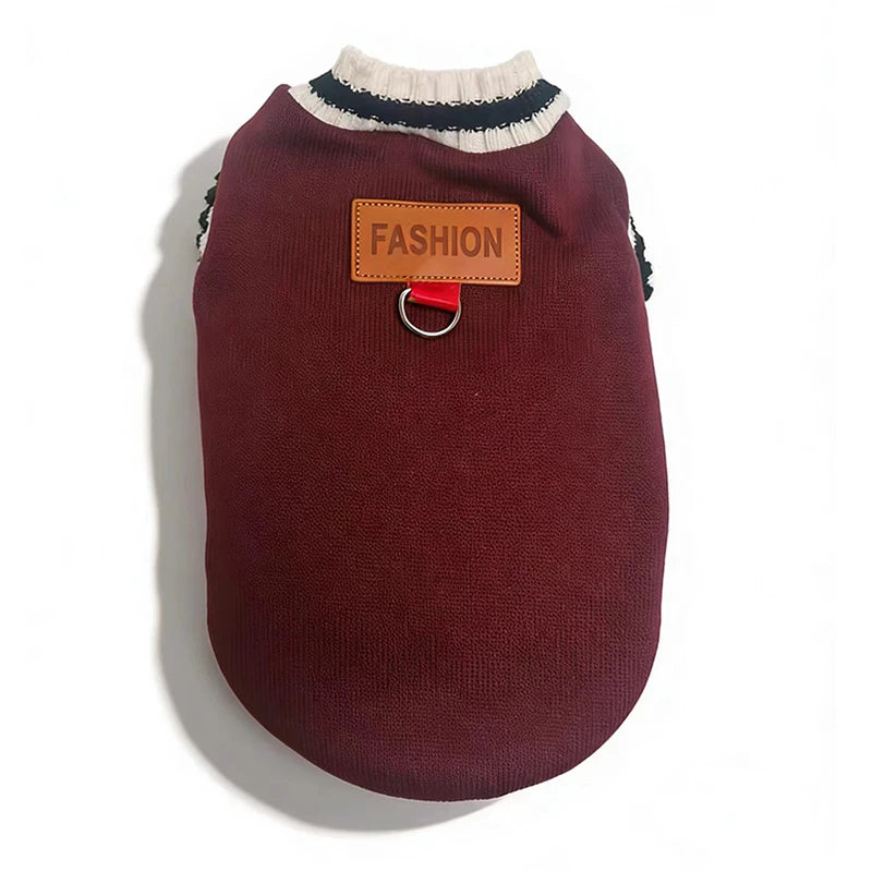 Striped-Trim Pet Sweater Vest with Back Patch