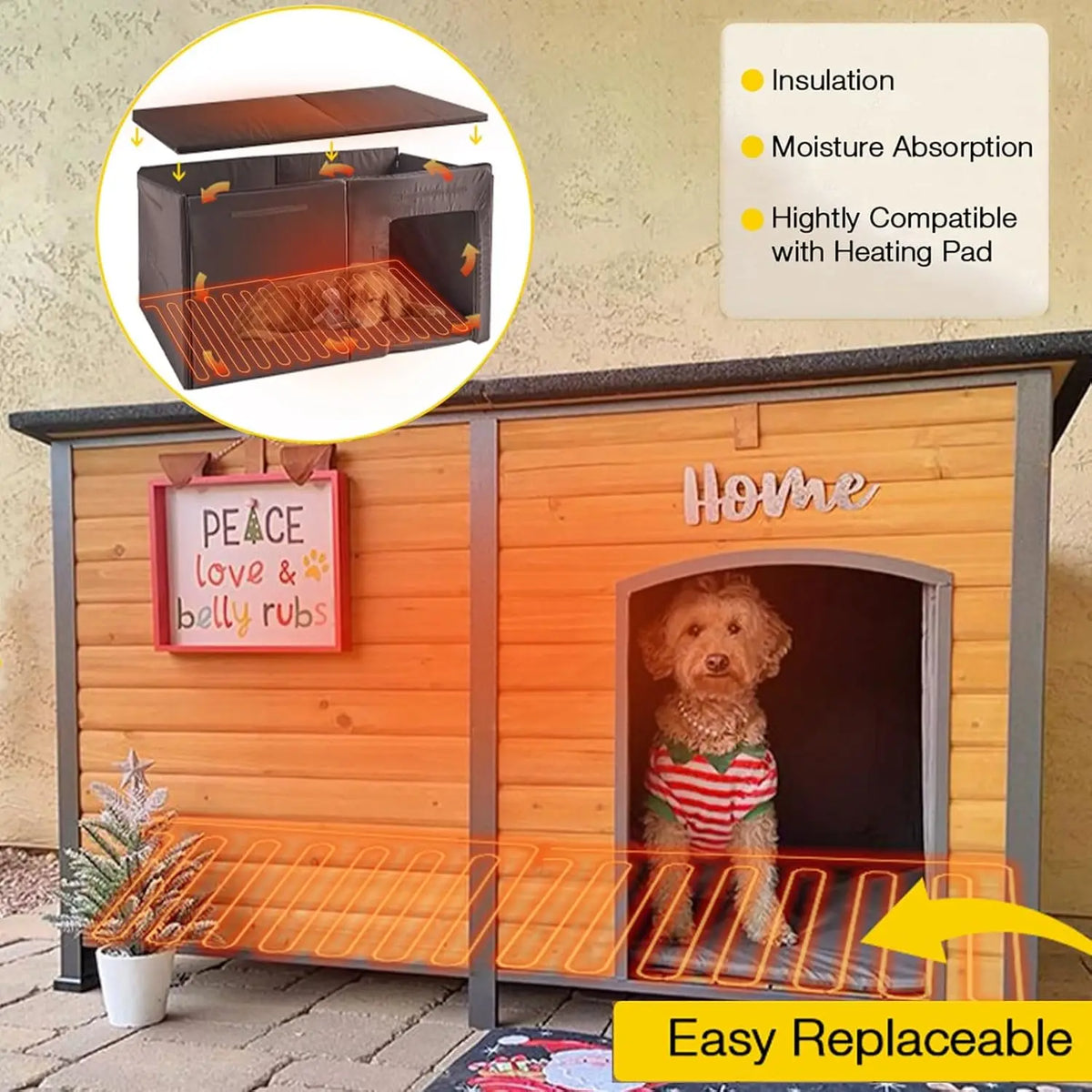 59-Inch Wooden Dog House with Insulation Liner, Brown