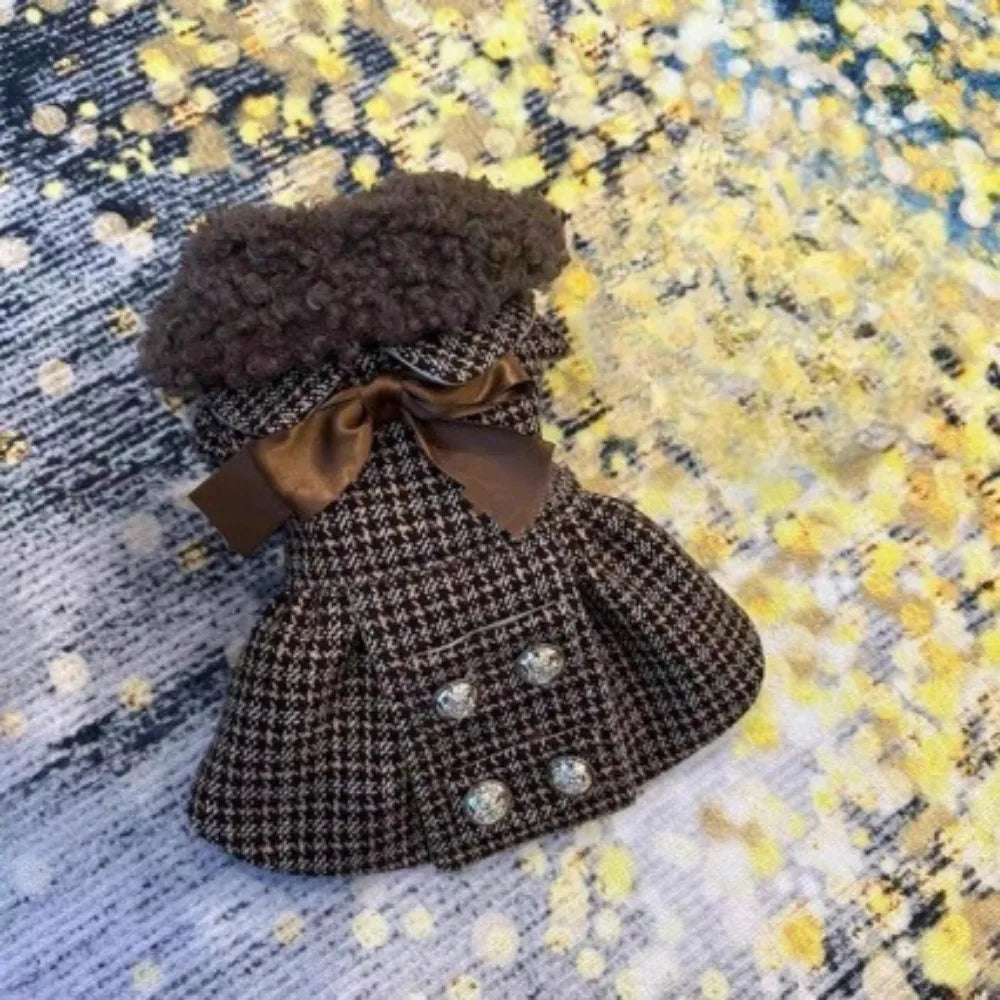 Brown Check Pet Dress with Plush Collar & Satin Bow