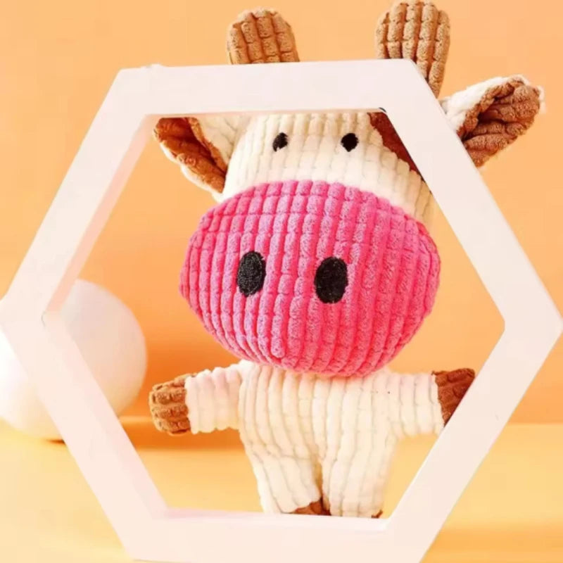 Ribbed Plush Cow Dog Toy with Pink Nose