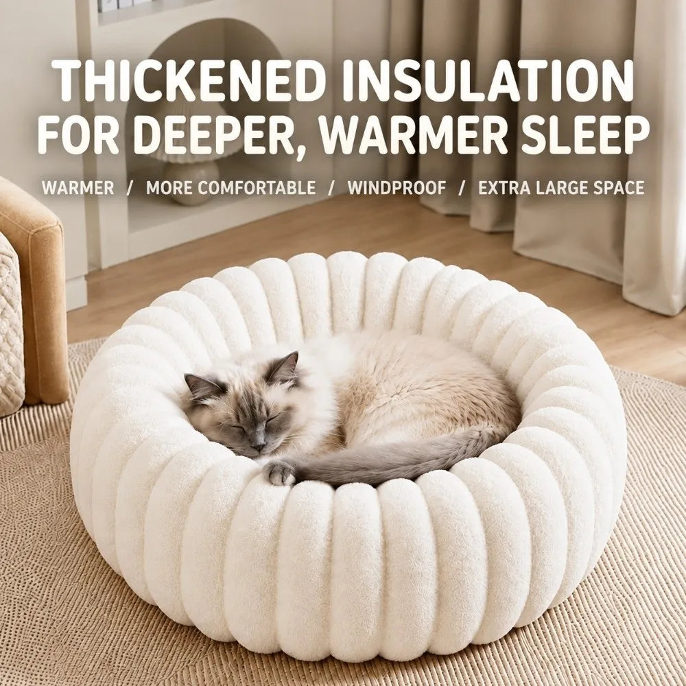 Pumpkin-Ribbed Plush Round Pet Bed