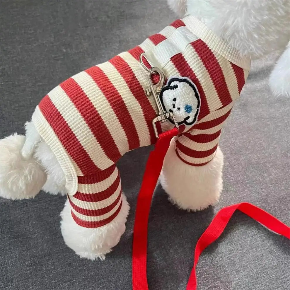 Red Striped Four-Leg Pet Onesie with Bear Patch