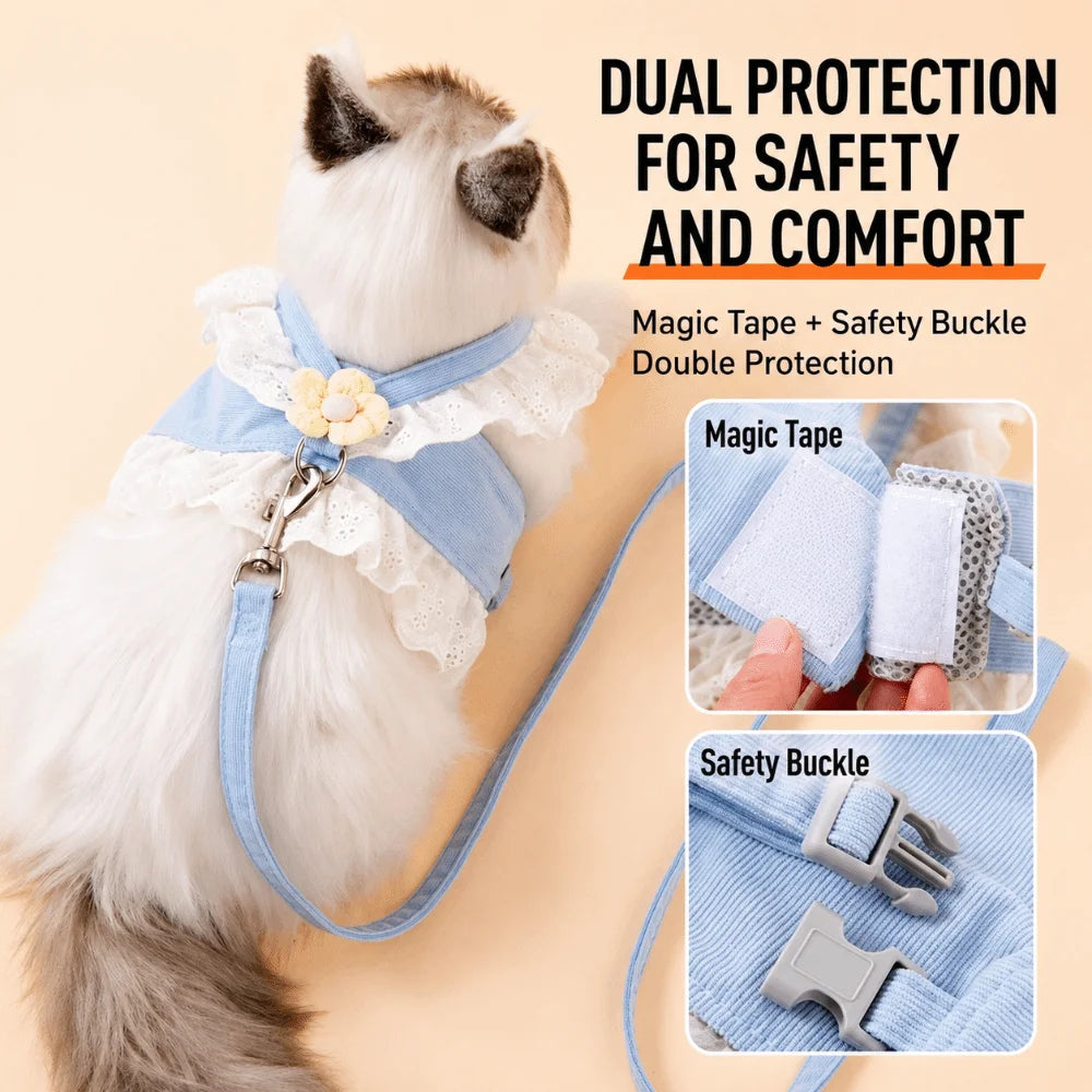 Lace-Trim Flower Pet Harness & Matching Leash Set