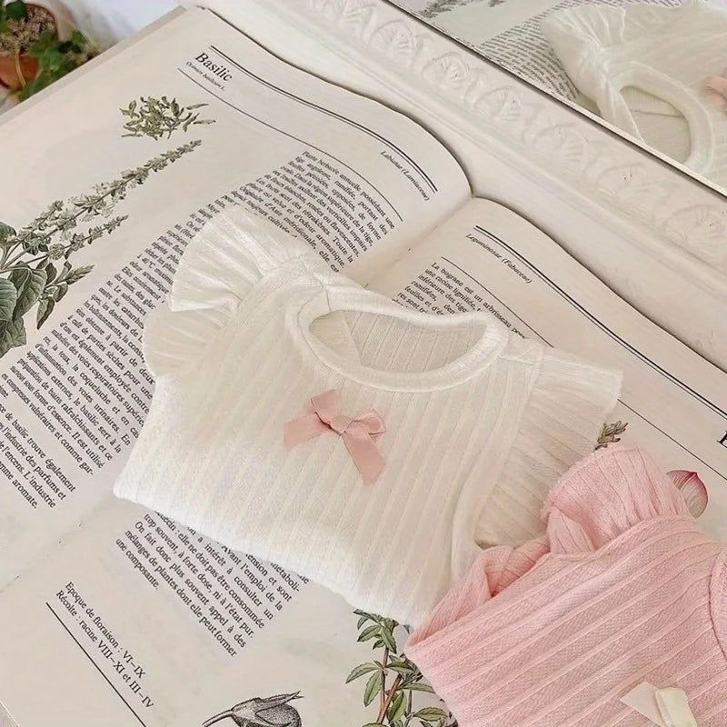 Ribbed Pet Top with Ruffle Shoulders & Contrast Bow