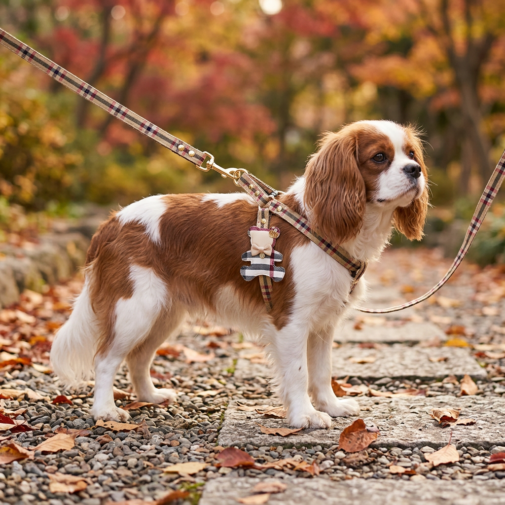 Autumn lifestyle image of the plaid bear-detail pet harness and leash set