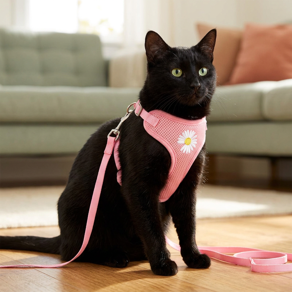 Black cat wearing the pink daisy harness in a warm living room