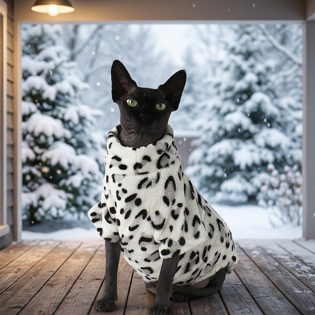 Cat in a leopard-print coat with a snowy garden backdrop