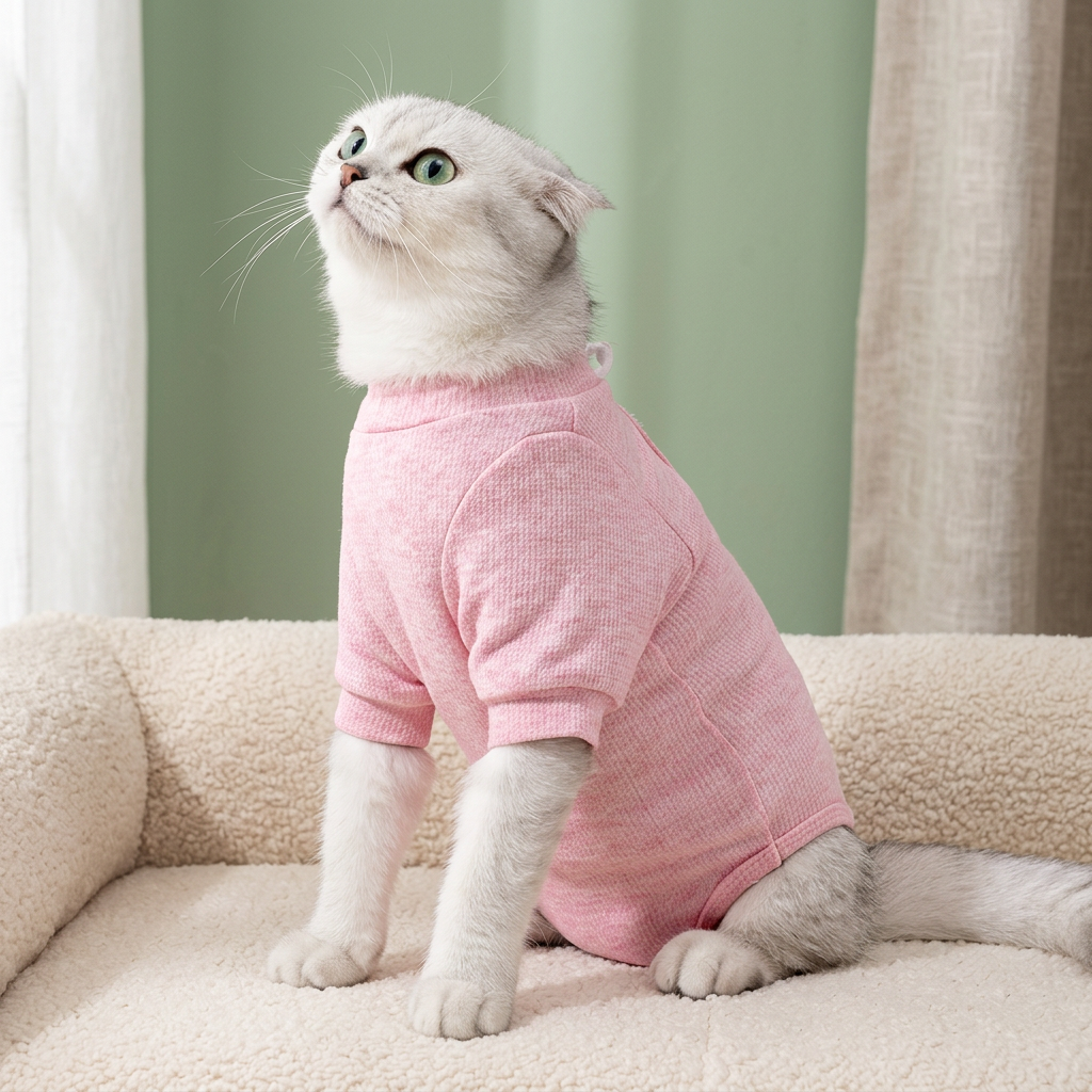 Cat wearing the pink suit in a soft sage setting