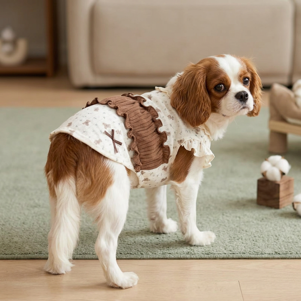 Cavalier wearing the cream bear-print outfit with brown ruffle