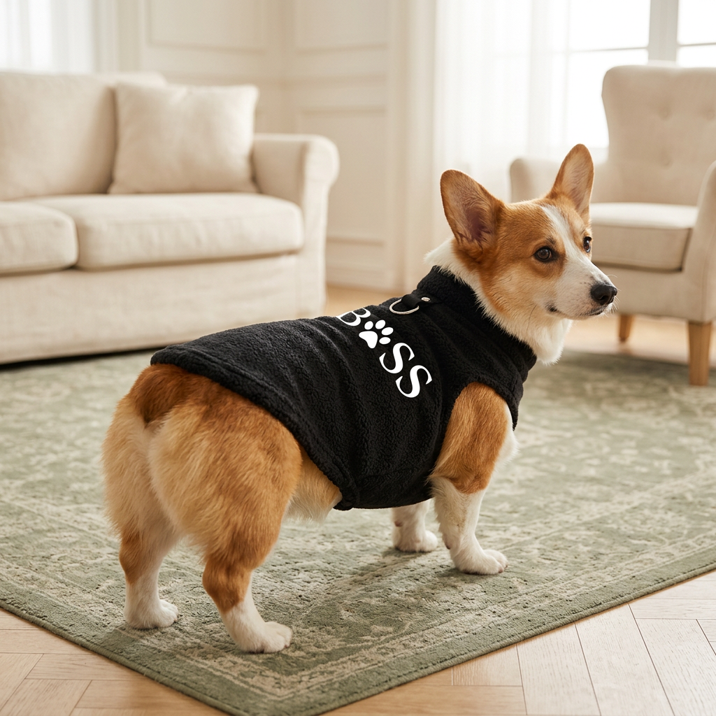 Corgi modeling the black Boss fleece vest