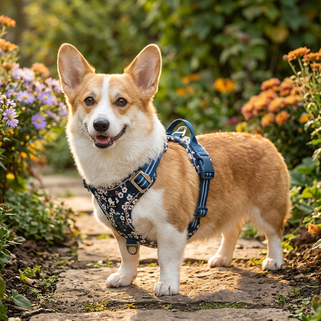 Corgi wearing the navy floral harness in a garden
