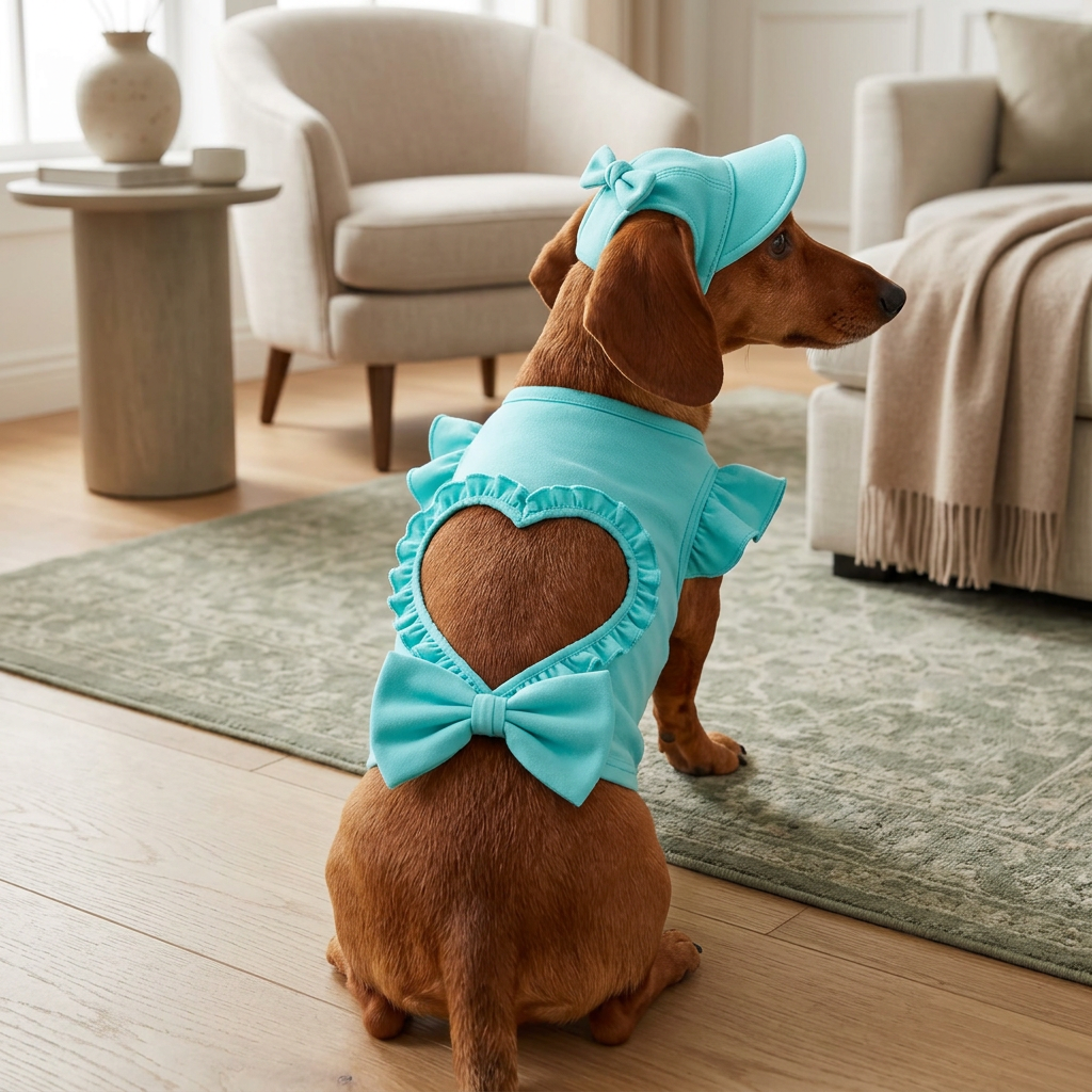 Dachshund modeling the turquoise heart-cutout top and matching hat