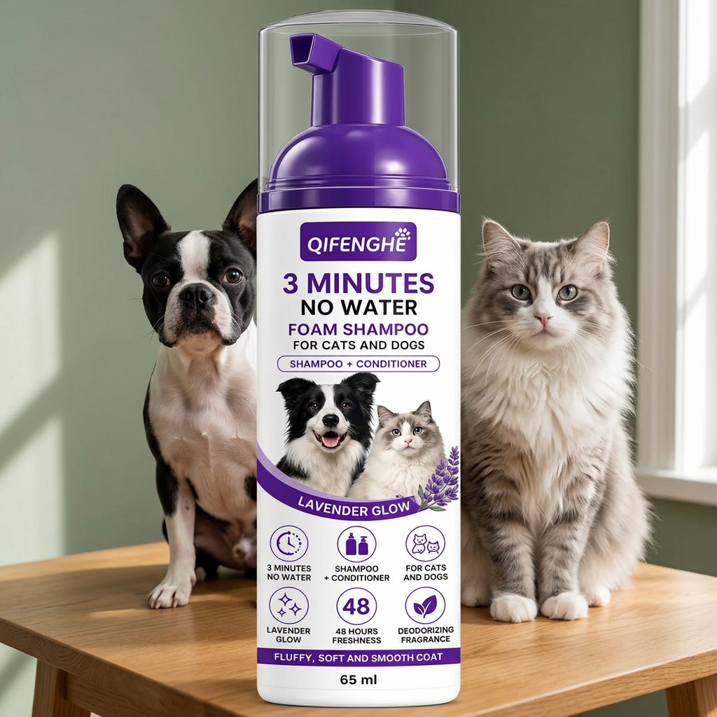 Dog and cat beside the shampoo bottle in a simple setting