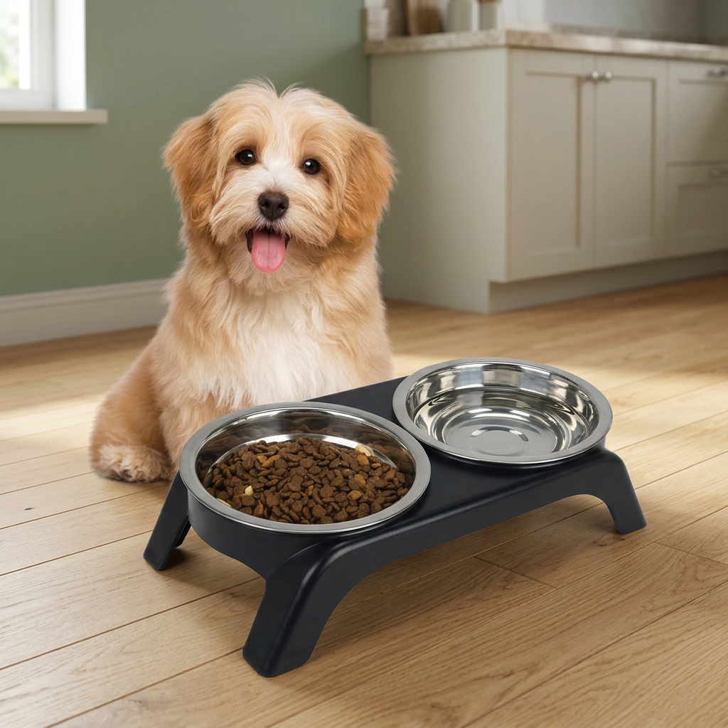 Dog and double-bowl feeder in a warm home setting