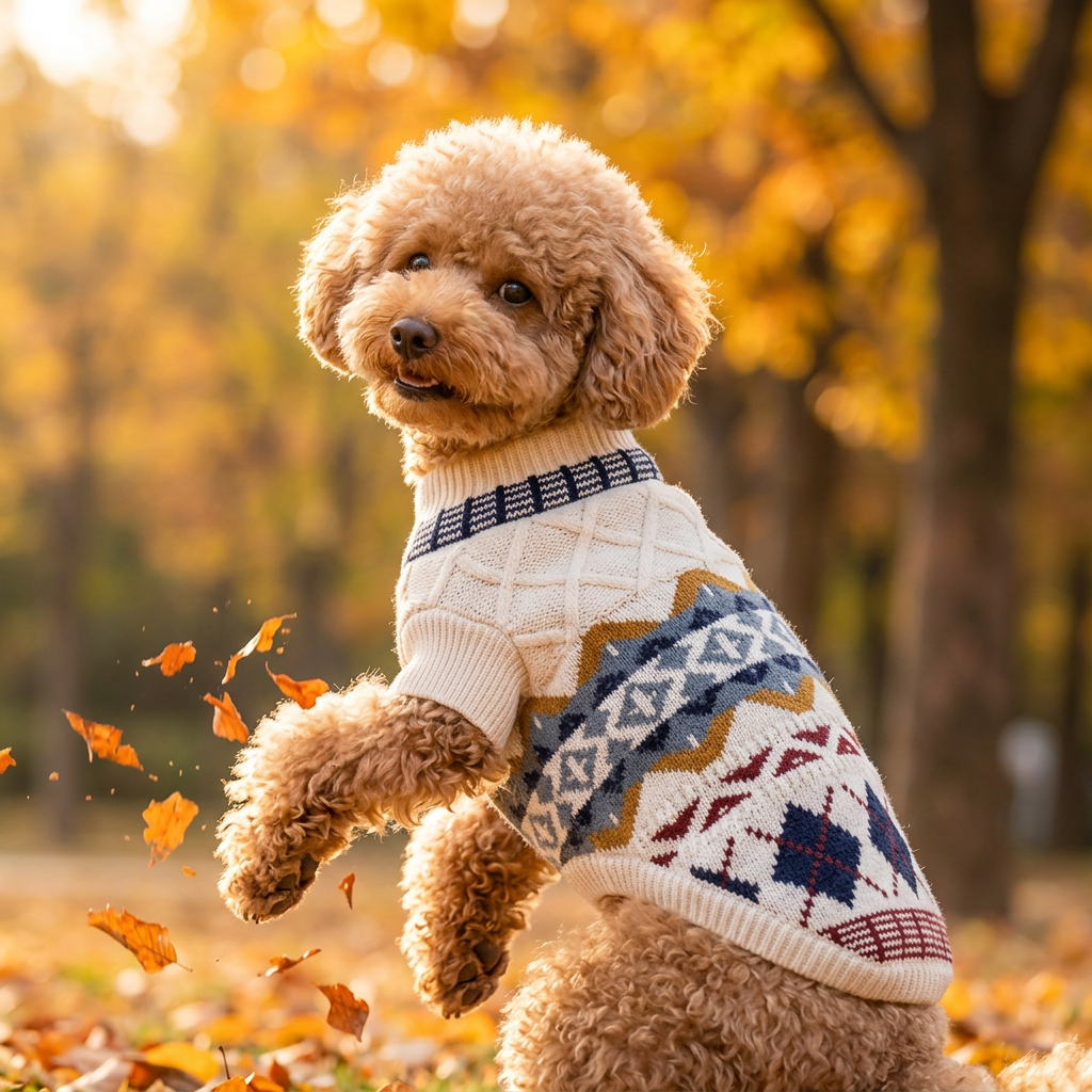 Dog in geometric sweater playing in autumn leaves