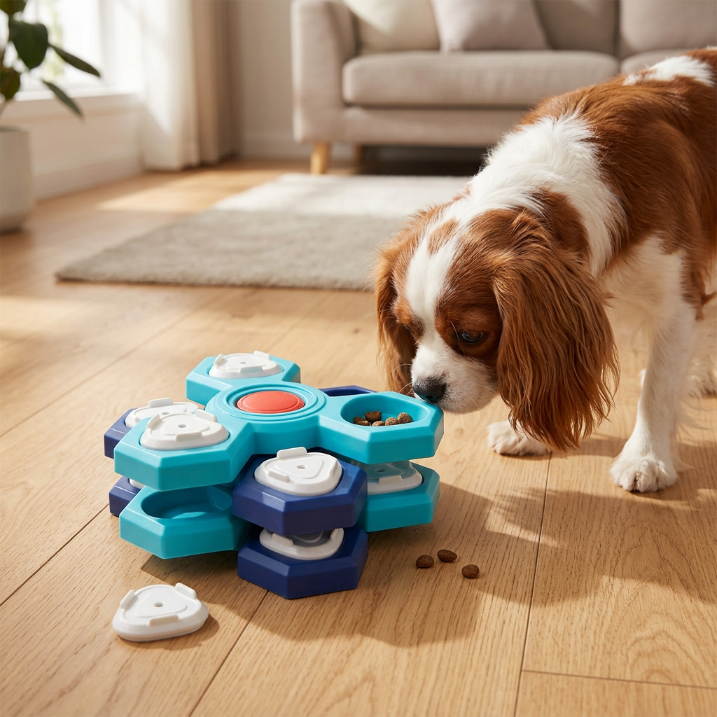 Dog treat puzzle with a Cavalier in a home setting