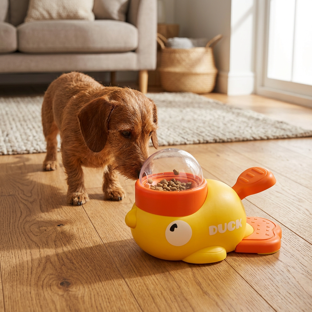 Duck-shaped treat toy with a Dachshund in a warm home setting