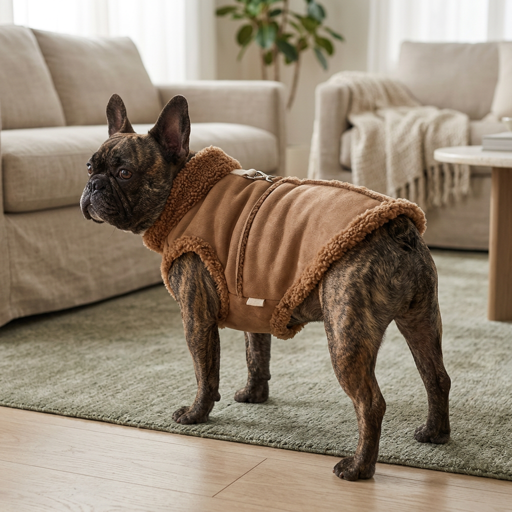 French Bulldog wearing the brown suede-look vest