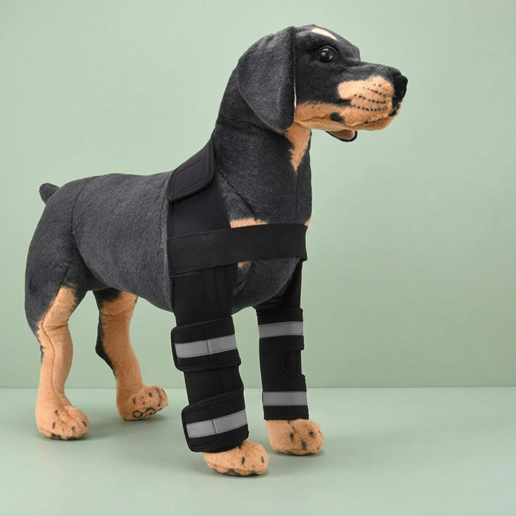 Front-leg brace product image on a soft sage background