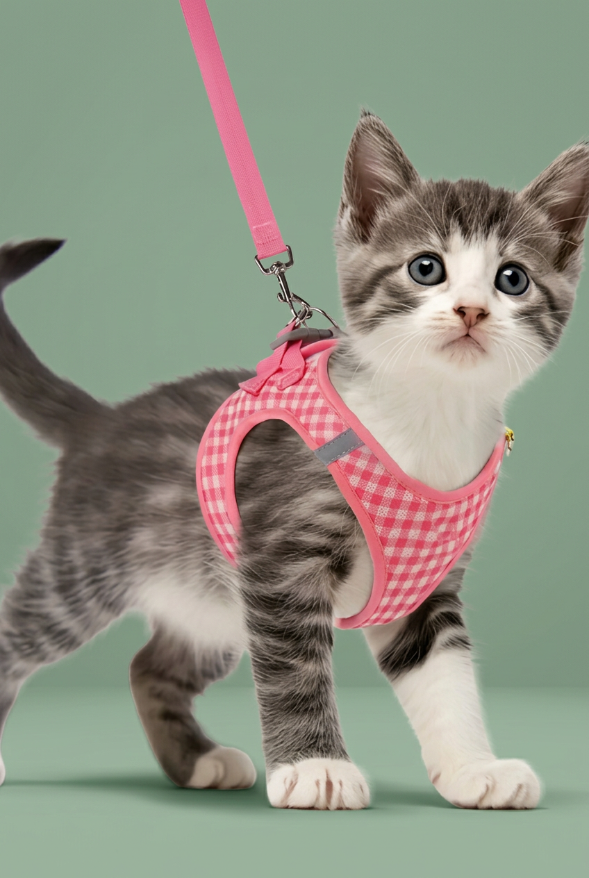 Gingham cat harness photo with sage-green background