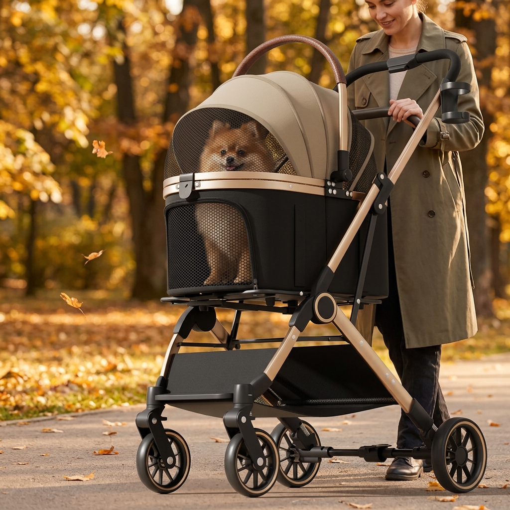 Gold-tone pet stroller with khaki canopy in an autumn park
