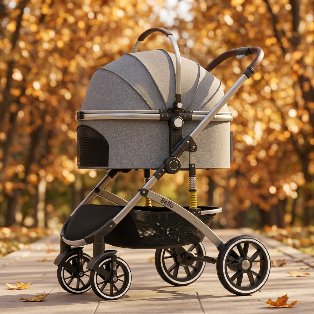 Gray pet stroller on an autumn garden path
