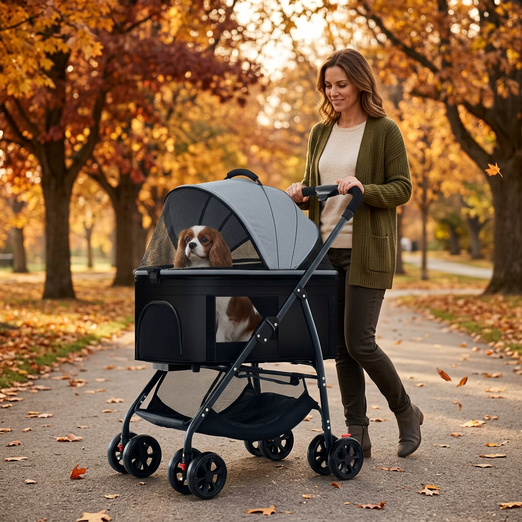 Gray pet stroller on an autumn park walk